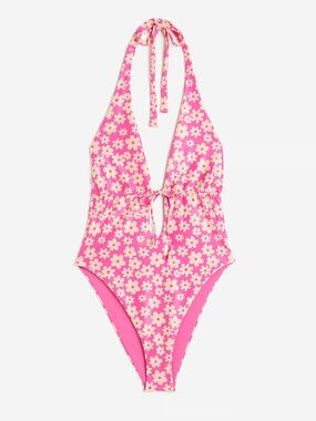 H&M Pink Floral One-Piece Plunge Halter Swimsuit High-cut Large